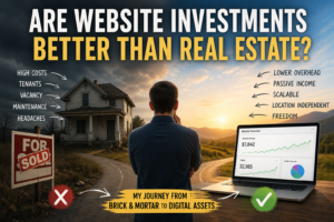 Split image showing a rundown house with real estate challenges on one side and a laptop displaying website income growth on the other, illustrating the comparison between real estate investing and digital asset investing.